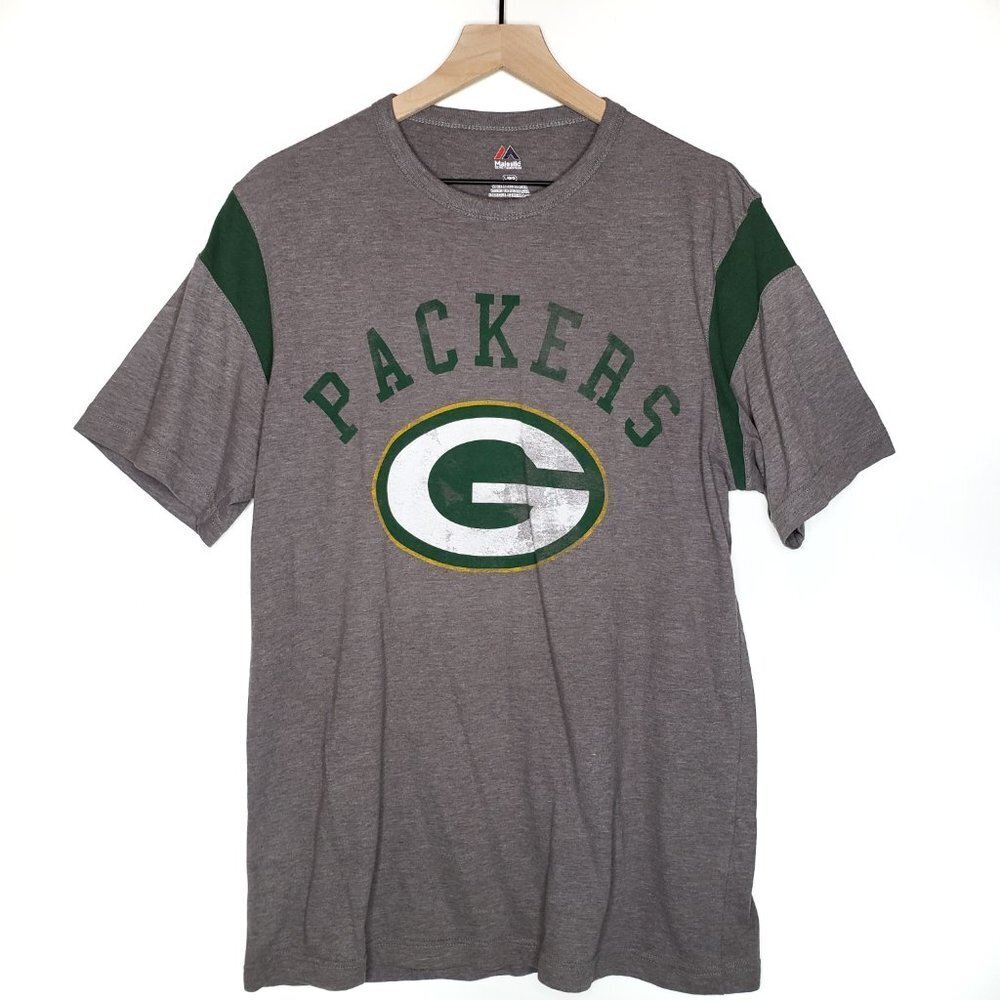 Green Bay Packers Short Sleeve Tee Logo Majestic L Grey T-Shirt